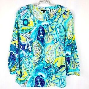Talbots Women's Shirt Top size 16 Paisley Blue Yellow Scoop Neck 3/4 Sleeve